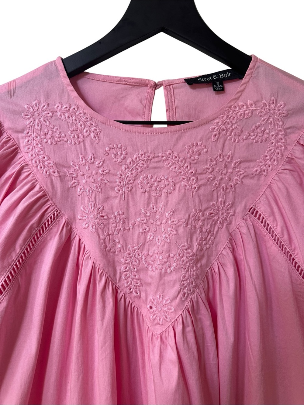 Strut & Bolt Pink Embroidered Puff Sleeve Mini Dress - Picture 2 of 6
